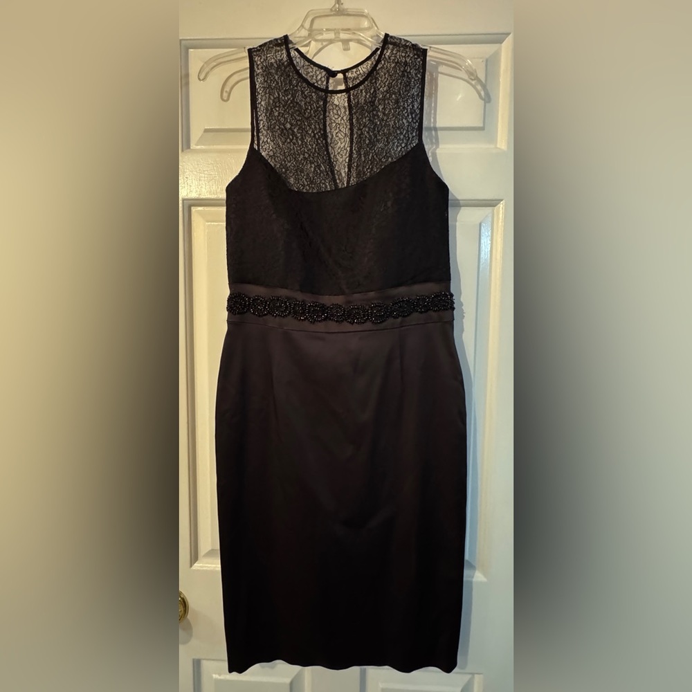 Pamella Roland Black Lace Dress with Beaded Waistline and Boning Satin EUC